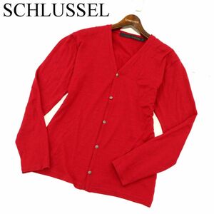 SCHLUSSEL シュリセル 秋冬 Vネック ざっくり♪ ウール100%★ ニット カーディガン 羽織り Sz.3　メンズ 赤 日本製　C3T07341_8#N