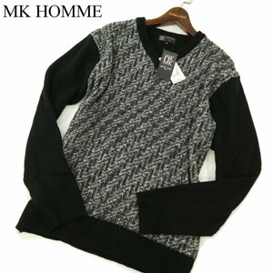 【新品 未使用】 MK HOMME ミッシェルクラン オム 秋冬 ヘリンボーン柄★ 切替 Ｖネック ニット セーター Sz.51　メンズ 黒　C3T07867_9#K