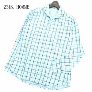 23区 HOMME オム 通年 長袖 イタリアンカラー★ チェック シャツ Sz.48　メンズ 水色 青系　C3T07856_9#C