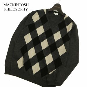 MACKINTOSH PHILOSOPHY マッキントッシュ フィロソフィー 秋冬 Vネック 総柄 ウール100% ニット セーター Sz.40　メンズ 灰　C3T07717_9#K