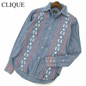 米国製★ CLIQUE クリーク UNION MADE 通年 刺繍★ 長袖 シャンブレー デニム シャツ Sz.S　USA製 メンズ　C3T08115_9#C