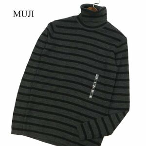 未使用★ MUJI 無印良品 秋冬 タートルネック ウール100%★ ボーダー ニット セーター Sz.M　メンズ グレー×黒　C3T08389_9#K