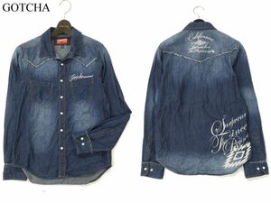 GOTCHA Gotcha через год длинный рукав USED обработка Logo вышивка * Western Denim рубашка Sz.S мужской Surf C3T07318_8#C