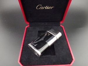 ●○【着火ＯＫ】希少柄　CARTIER　カルティエ 2Cモチーフ デコール ロゴ ブラックラッカー シルバー ガスライター　ケース○●