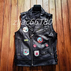 ハレーレザージャーキン ベスト 本革 バイクジャケット　牛革　ベスト刺繍　 M～4XL ライダース 柄1