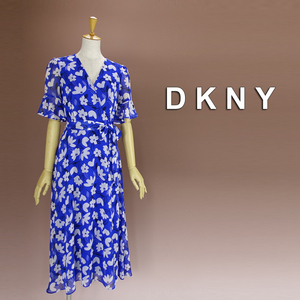 新品 DKNY 4/9号 ダナキャラン 青 白 花柄 シフォン ワンピース パーティドレス 半袖 結婚式 二次会 披露宴 フォーマル オフィス 華45Q0201