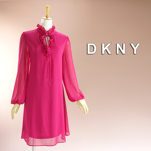 新品 DKNY 12/17号 ダナキャラン ピンク シフォン ワンピース パーティドレス 長袖 大きいサイズ 結婚式二次会披露宴 フォーマル 輝39Q0802