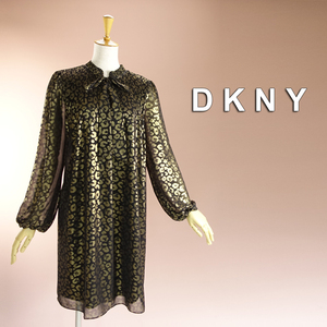 新品 DKNY 4/9号～11号 ダナキャラン 黒 ゴールド レオパード ワンピース パーティドレス 長袖 結婚式 二次会 披露宴 フォーマル 華39Q0901