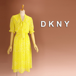 新品 DKNY 10/15号 ダナキャラン 黄色 白 花柄 シフォン ワンピース パーティドレス 半袖 結婚式 二次会 披露宴 フォーマル 輝33Q1804