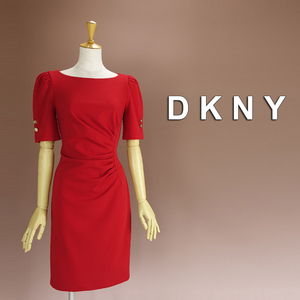 新品 DKNY 4/9号 ダナキャラン 赤 ワンピース パーティドレス 半袖 結婚式 二次会 披露宴 フォーマル お呼ばれ 発表会 オフィス 華47Q2603