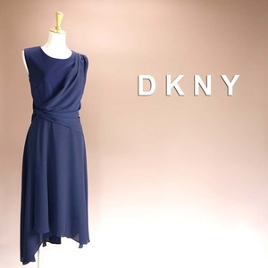 新品 DKNY 4/9号 ダナキャラン 紺 シフォン ワンピース パーティドレス 膝丈 結婚式 二次会 披露宴 フォーマル お呼ばれ 発表会 華42Q2706