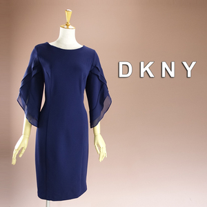 新品 DKNY 6/11号 ダナキャラン 紺 七分袖 シフォン ワンピース パーティドレス 結婚式 二次会 披露宴 発表会 演奏会 フォーマル 華41Q2707