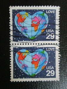 米国/アメリカ　　1991 　ＬＯＶＥ　愛切手　 29Ｃ：ハート型の地球　2枚ブロック