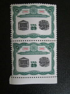 米国/アメリカ　記念切手　1992年　ニューヨーク証券取引所開設200年　29ｃ：株券 　2枚ブロック　未使用