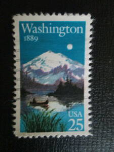 米国/アメリカ　記念切手　1989年　ワシントン州　100年　　25ｃ：月夜のレーニ ア山 と湖上の釣舟　　1枚　使用済み　