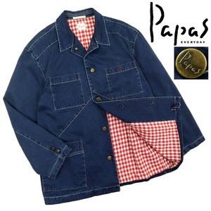 【Y48】【美品】【インディゴ染め】Papas パパス カバーオール デニムジャケット 裏地ギンガムチェック サイズL