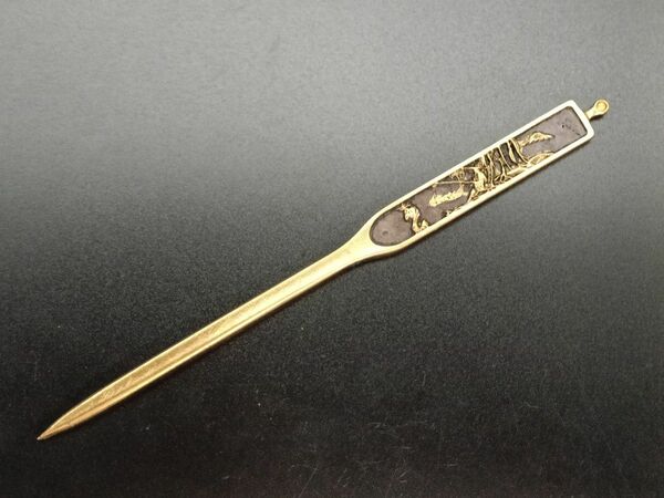 日本刀装具　笄　釣りの図　細工　金工品　銅製　刀剣美術