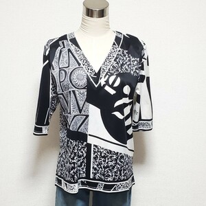 LEONARD レオナール 総柄 シルク 100% ホワイト×ブラック カットソー サイズLL（XL)