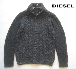 美品チュニジア製!!ディーゼル DIESEL*ロゴワッペン付き ケーブル編みウールニットカウチンジャケット・セーター S 実寸M カーディガン