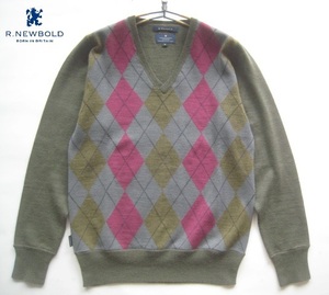 高級!!R.ニューボールド R.NEWBOLD*アーガイル柄Vネックウールニットセーター M カーキ ポールスミス Paul Smith COLLECTION