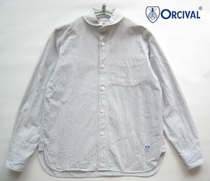 高級日本製!!オーシバル ORCIVAL*ロゴワッペン付き 丸襟 ストライプ柄シャツ 1 実寸S 白×グレー オーチバル B-SHOP購入