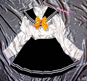 気持ちいい生地★超光沢セーラー服★極上つるつる制服★LOVE◆黄色☆艶々リボン 大きめサイズ(サテン フェチ 女装 愛用 SEXY) コスプレ衣装