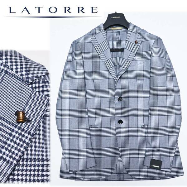 《LATORRE ラトーレ》新品 定価99,000円 イタリア製 ブートニエール付 ウール混 グレンチェック3Bジャケット 46(M)A8597