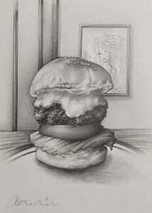 Art hand Auction 絵画･鉛筆画･食品の絵 真作｢ハンバーガー OL.B.№01-9/2022｣Atelier809 作 A4サイズ ※額縁無し｡, 美術品, 絵画, 鉛筆画, 木炭画