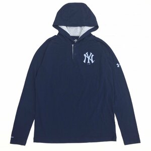 UNDER ARMOUR アンダーアーマー NYヤンキース フーデット Tシャツ S 紺 ネイビー 長袖 ロンT ストレッチ パーカー 野球 MLB メンズ 紳士