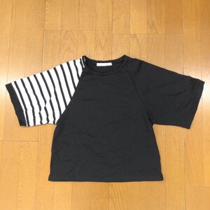 美品 Spick&Span スピック&スパン ボーダー切替 ワイドスリーブ カットソー M相当 黒 ブラック 日本製 七分袖 Tシャツ ロンT レディース