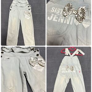 JENNIジェニィ ヴィンテージ感フリルデニムオーバーオール110リボンケツロゴ 雑誌掲載 即完売人気です