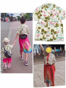 1回着用Kaluluwaアロハシャツ ヤシの木・フラミンゴ柄150キッズ 男女　半袖シャツ　子供服　キッズ　男女OK