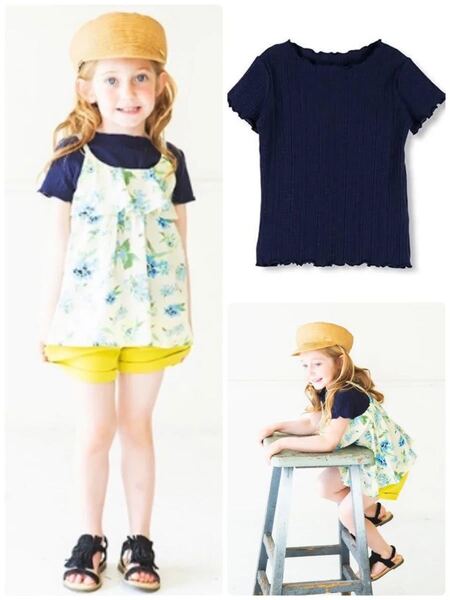 2回ブランシェスTioTio加工テレコ半袖フリルTシャツ150ネイビー トップス アプレレクール ガーリー