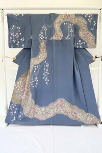 【着物フィ】訪問着 辻が花　辻ヶ花　ブルーグレー　縮緬 身丈164cm 裄丈65cm お洒落 上品 正絹 12389