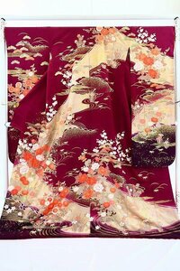 【着物フィ】美品　本振袖 振袖 ワイン色 金彩友禅　吉祥花 トールサイズ 身丈172cm 成人式 結婚式 豪華絢爛 正絹 仕立て上がり 袷　14524