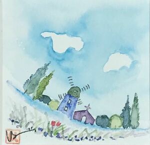 Art hand Auction ★A18★航夢 KOU MU 水彩画｢教会と風車｣マット付き, 絵画, 水彩, 自然, 風景画
