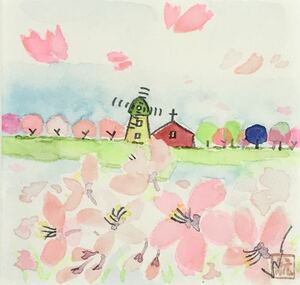 Art hand Auction ★A18★KOU MU لوحة مائية لطاحونة هوائية في حقل زهور مع حصيرة, تلوين, ألوان مائية, طبيعة, رسم مناظر طبيعية