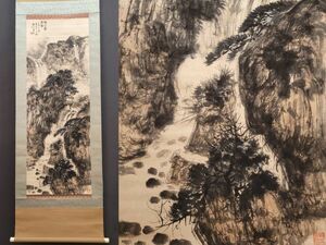 真作 中国書画「傅抱石 秋山聽瀑図」肉筆紙本 掛け軸 書画立軸 巻き物 古美術 旧蔵出