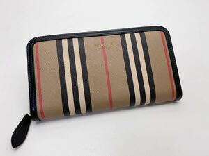 D909 ほぼ新品 BURBERRY バーバリー ストライプ ラウンドファスナー 長財布 PVC レザー ベージュ系