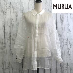 MURUA 　ムルーア　シアーシャイニーボリュームシャツ　Fサイズ　ホワイト　滑らかな肌触りが着心地　透け感あり　S5.2-26　USED