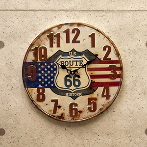 ビッグサイズ 壁掛け時計 40cm (USAルート66) ROUTE66 ビンテージ風 エンボス クロック 星条旗 ガレージ 西海岸 インテリア アメリカン雑貨