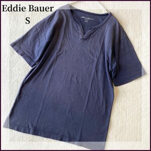 Eddie Bauer ネイビー 半袖 キーネック Tシャツ カットソー S 古着 半袖Tシャツ