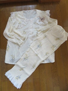 【新品】二重ガーゼ花柄レースフリル長袖上下セットパジャマ　棉100％　XL 　薄黄