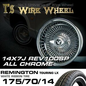 〇 ティスファクトリー T's WIRE ワイヤーホイール 14×7J REV リバース オールクローム 100SP レミントン ホワイトリボン タイヤセット