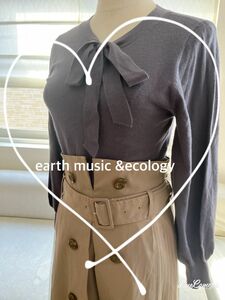 【earthmusic &ecology】ボウタイリボン七分袖ニット　ブルー　free size