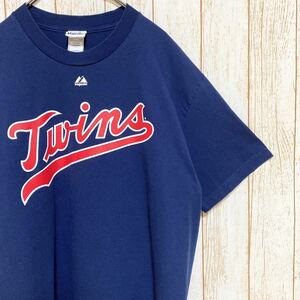 Majestic マジェスティック MLB Minnesota Twins ミネソタ・ツインズ キルブルー プリント Tシャツ L メジャーリーグ USA古着 アメリカ古着