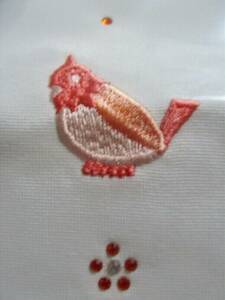 〓【刺繍半襟 化繊塩瀬／鳥① 薄おれんじ 白地 ラインストーン入り】〓新品未使用品（長期保管）