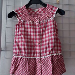 3can4on 半袖ワンピ チュニック サイズ100 女の子 夏服 ピンク×白 チェック