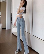 ハイウエスト デニムパンツ 前スリット レディース デニム フレアパンツ 脚長 美脚 ジーンズ ジーパン 美尻 タイト スキニーパンツ スリム_画像6