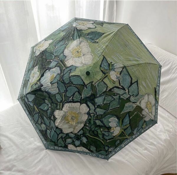 新品　折り畳み傘 収納ポーチ付き　晴雨兼用傘　日傘 耐風 丈夫　花柄　オシャレなデザイン　グリーン　野薔薇　映える　雨傘